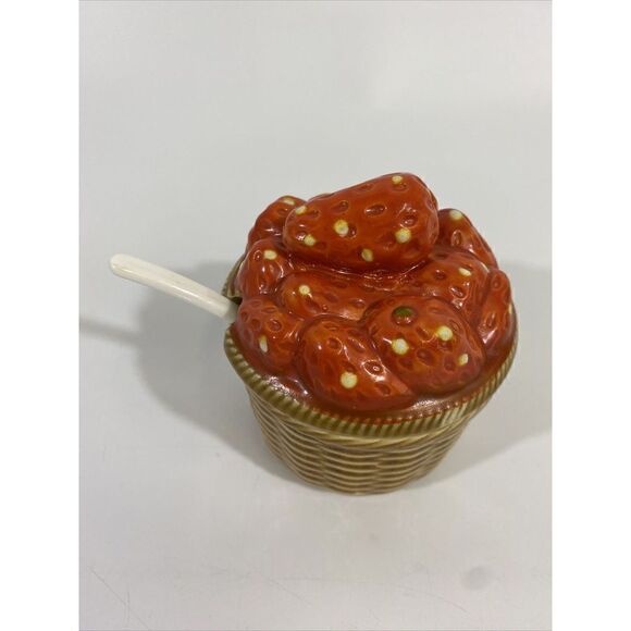 Vintage Ceramic Strawberry Sugar Bowl Jelly Jam Jar w/Lid & Spoon Japan 4.25” - Picture 2 of 7